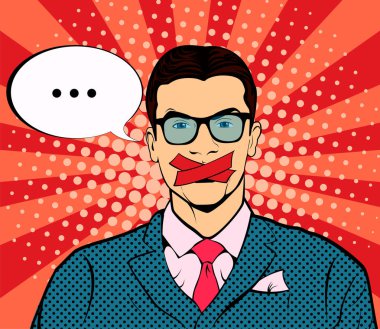 Bantlanmış ağız pop art retro vektör olan adam. Sansür ve ifade özgürlüğü. İlke ve insan hakları