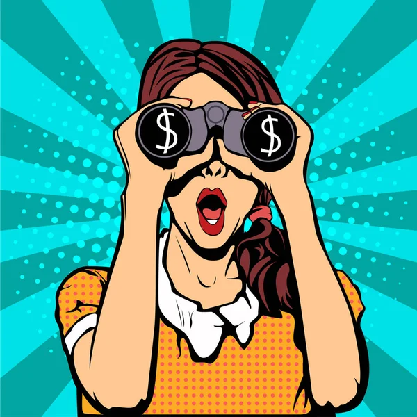 Finansal para birimi dolar işadamı dürbün pop sanat retro tarzı izleme. Açık ağız seksi sürpriz kadınla. Renkli vektör arka planda pop sanat retro komik tarzı.