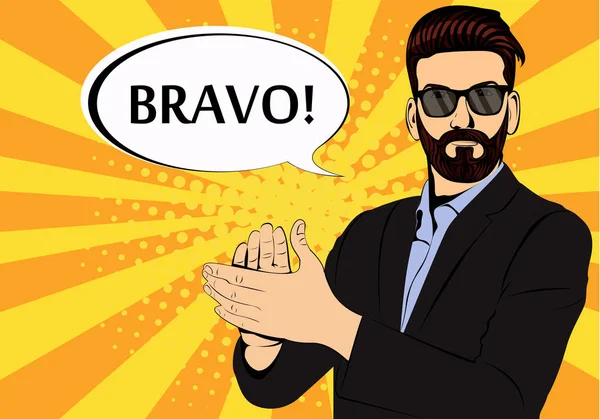 Hipster sakal işadamı alkış bravo başarı retro tarzı pop sanat kavramı. Çizgi roman tarzı bardaklarda iş adamı. Başarı kavramı vektör çizim.