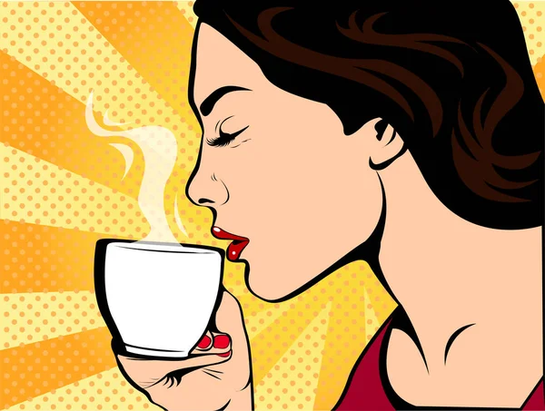 Chica con taza de café pop art estilo retro. Restaurantes y cafeterías. Una bebida caliente. Valor amor y cuidado . — Vector de stock