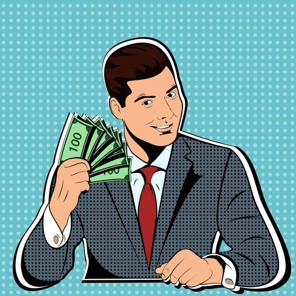 Finansal başarı işadamı parayla, pop art retro çizgi roman illüstrasyon. 