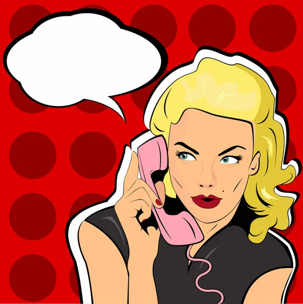 Pop Art illustration av kvinna med tal bubbla ant retro telefon — Stock vektor