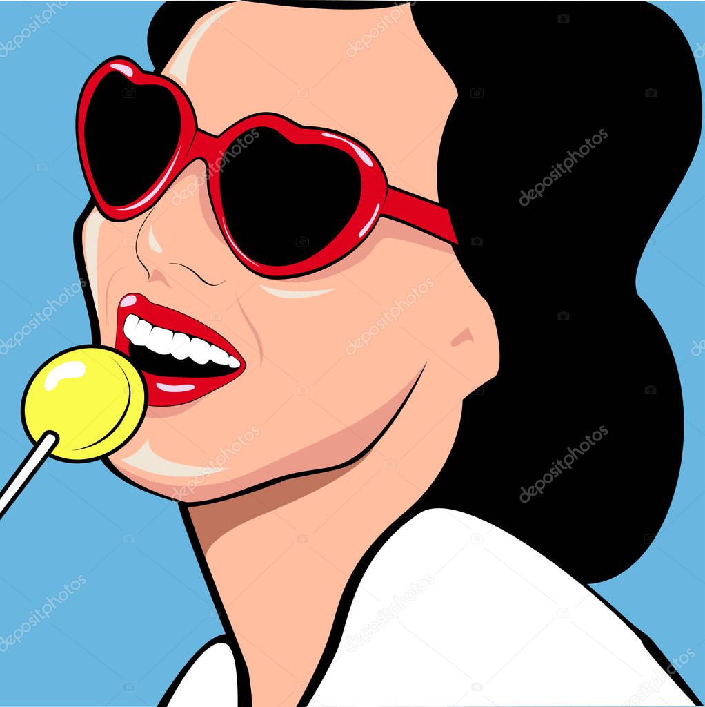 Pop Art girl with candy.Party invitation. Vector illustration.