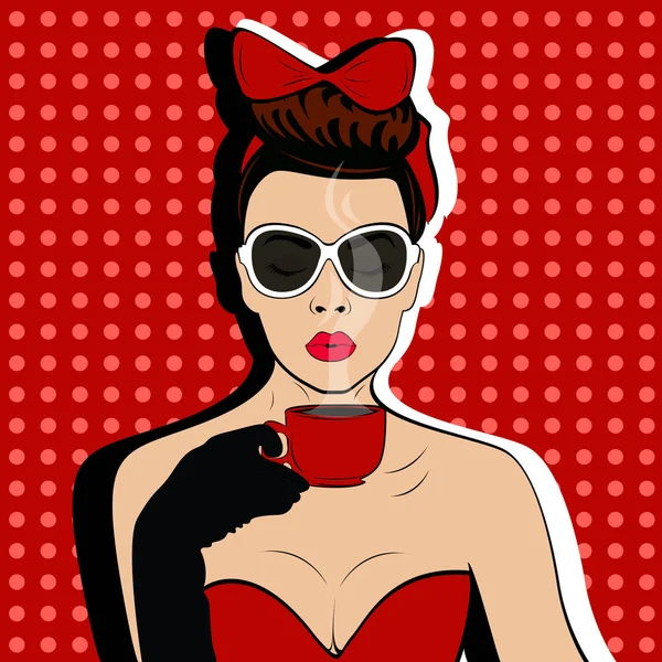 Chica con taza de café pop arte estilo retro — Vector de stock