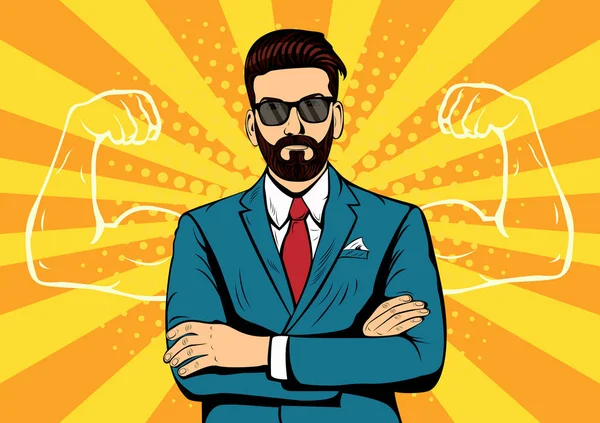 Hipster beard businessman with muscles currency dollar pop art retro style — Stock Vector