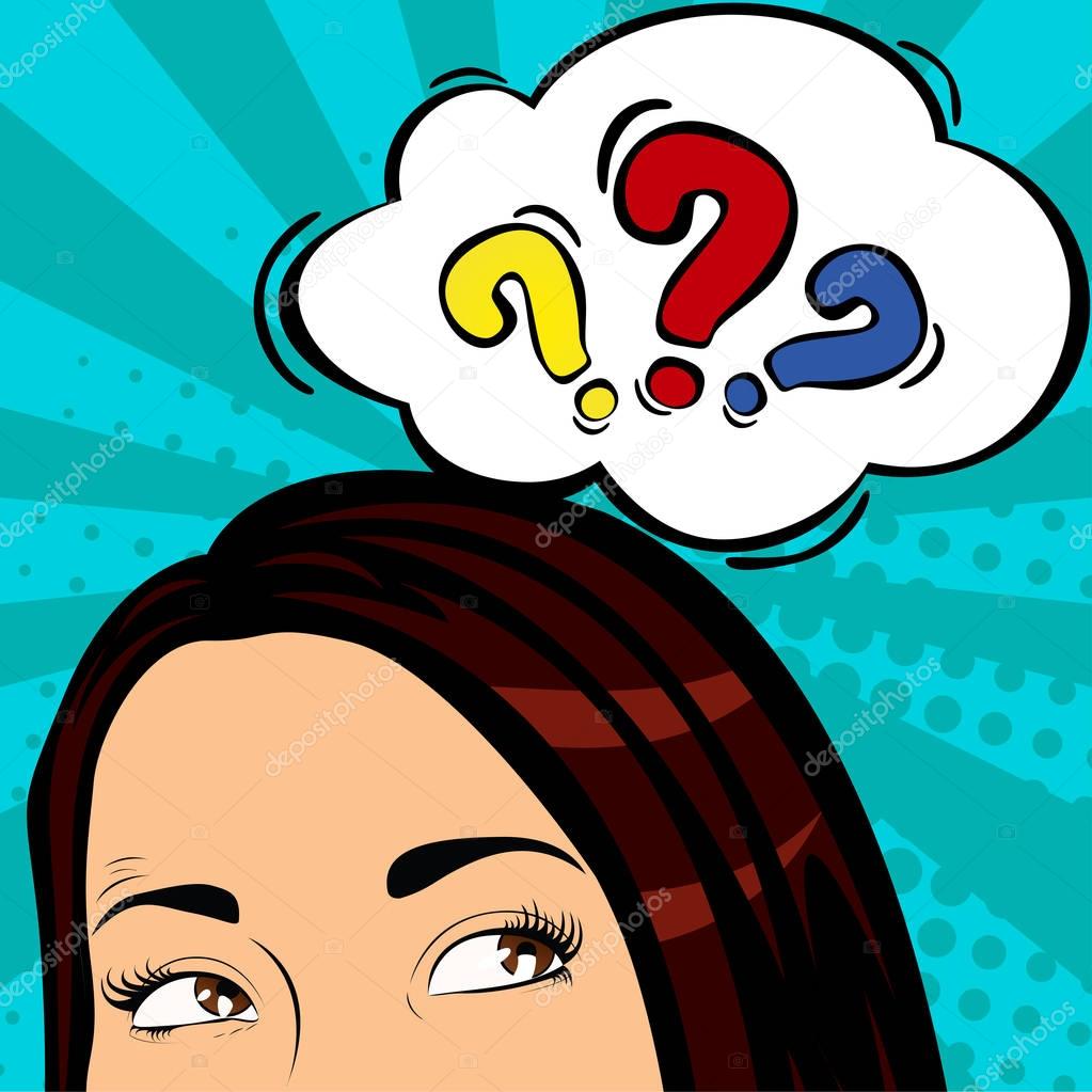 Surprised and shocked woman in pop art comics style with question word bubble. Question sing in comic style