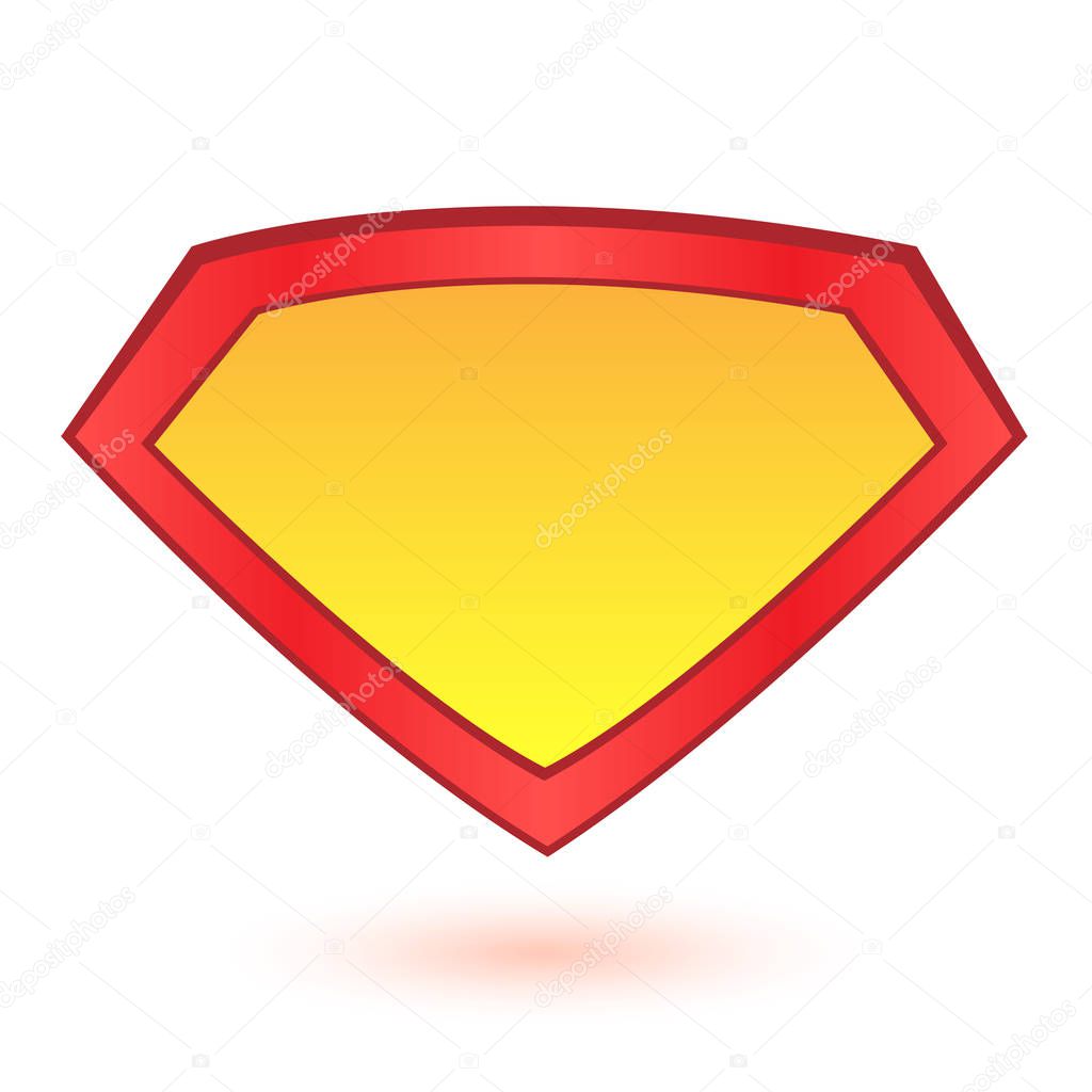 Superhero logo template at bright blue, pop art background. Vector illustration