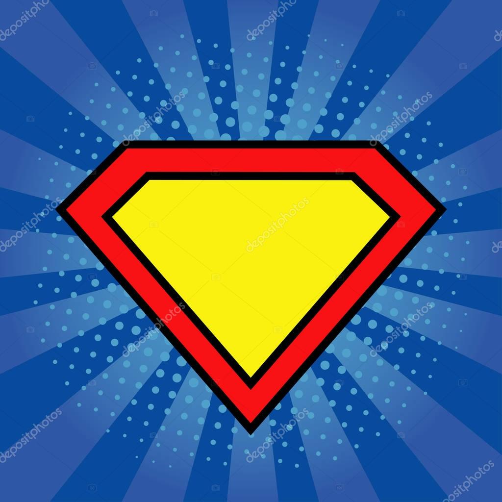 Superhero logo template at bright blue, pop art background. Vector illustration