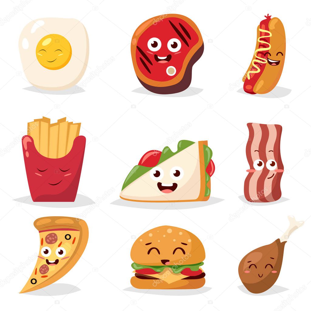 Fast food colorful emoticon face flat design icons set