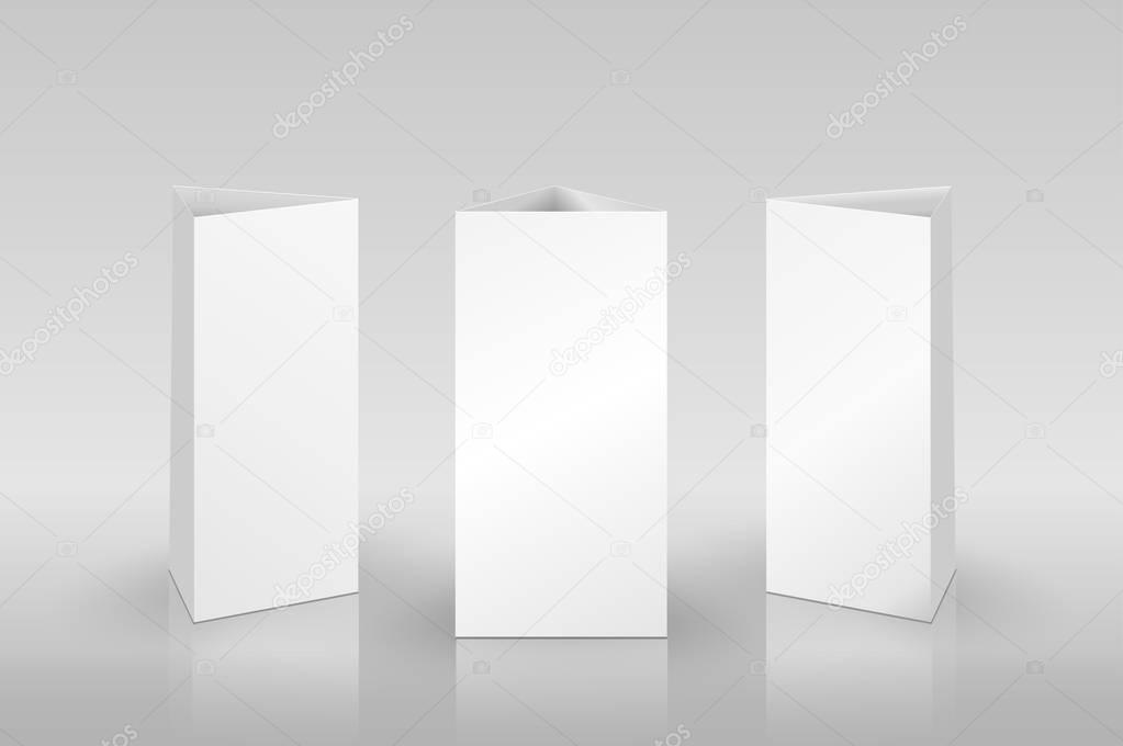 Blank Table Tent isolated on grey background. Paper vertical cards with reflections. Front, left and right view. Vector illustration