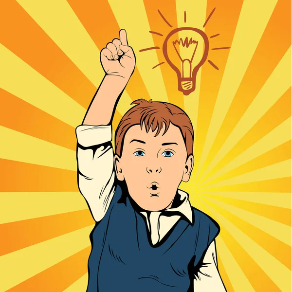 Children idea with draft lamp. Creative  boy came up with the idea. The man at work. Retro style pop art Vector Graphics