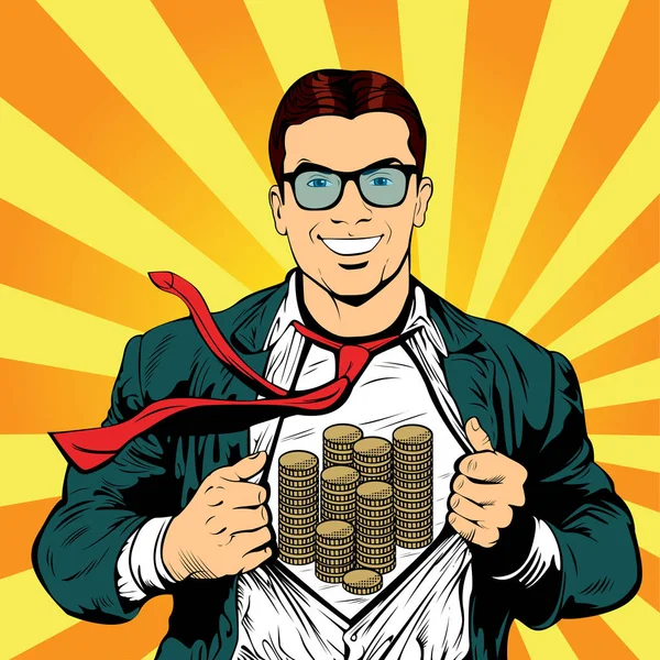 Super héroe hombre de negocios pop arte retro ilustración. Un hombre con dinero bajo la camisa. Strong Businessman en gafas de estilo cómico. Concepto de éxito . — Vector de stock