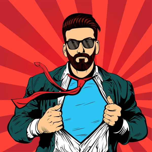 Hipster barba homem de negócios pop arte ilustração vetorial retro. Empresário forte em copos em estilo cômico. Conceito de sucesso . — Vetor de Stock