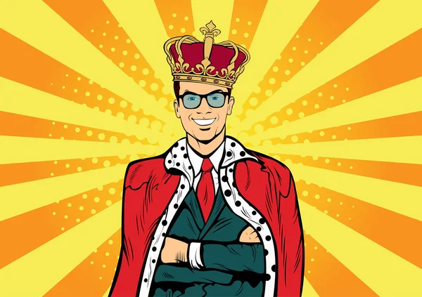 Business-king. Affärsman med krona. Man ledare, framgång boss, mänskliga ego. Vector retro popkonst comic dränka illustration. — Stock vektor