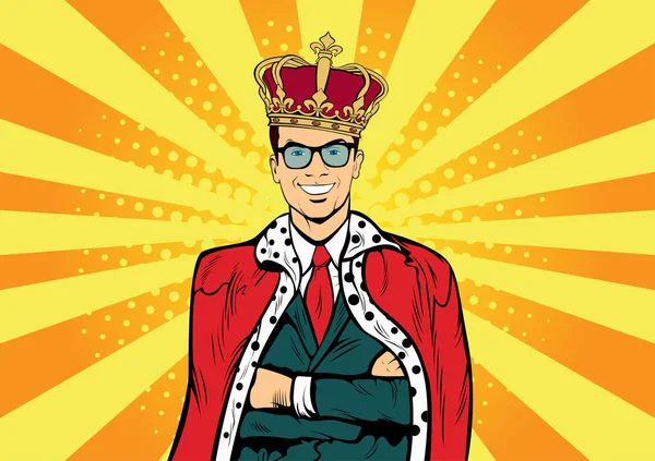 Üzleti king. Üzletember, a koronát. Az ember vezetője, a siker-főnök, az emberi ego. Vektor retro pop art comic megfullad illusztráció. — Stock Vector