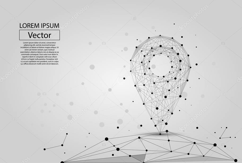 Abstract polygonal line and point pin on white background above the map. Vector business mash illustration.