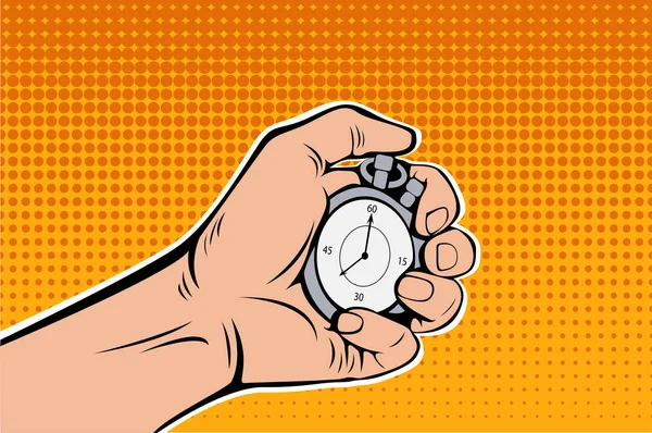 Male Hand Holding Stopwatch. Time Management. Pop Art retro vector illustration — Stock Vector