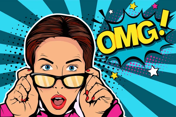 Wow pop art face. Sexy surprised young caucasian woman with open mouthin glasses and Wow speech bubble. Vector colorful background in pop art retro comic style. — Stock Vector