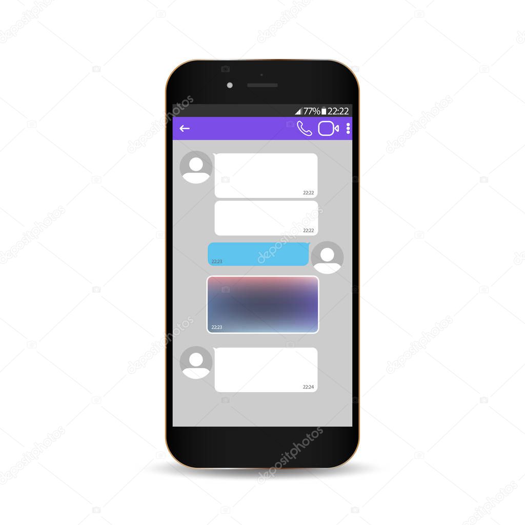 Chating and messaging concept. Messenger window. Blank template.Vector realistic smartphone with chat boxes.