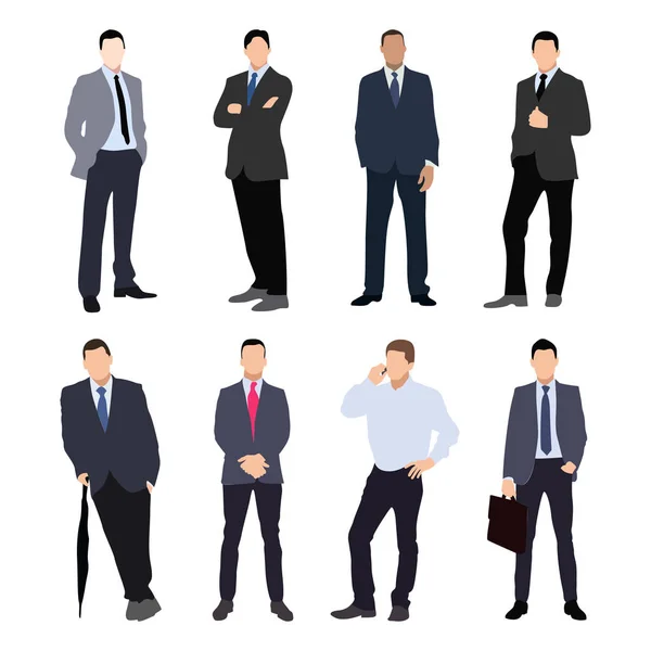 Collection of man silhouettes, dressed in business style. Formal suit, tie, different poses. Flat style vector image. — Stock Vector