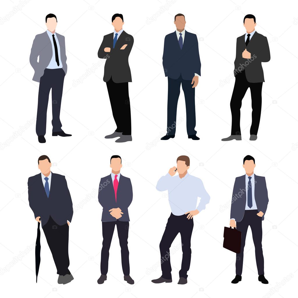Collection of man silhouettes, dressed in business style. Formal suit, tie, different poses. Flat style vector image.