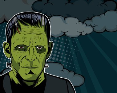 Cadılar Bayramı arka plan Frankenstein kafa ile vektör. Vektör çizim retro çizgi roman tarzı. Arka plan renkli pop sanat. Cadılar Bayramı Partisi Davetiyesi.