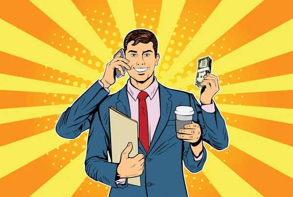 Zaman yönetimi ve çoklu görev birçok eller iş kavramı ile iş adamı. Retro tarzı pop art vektör çizim