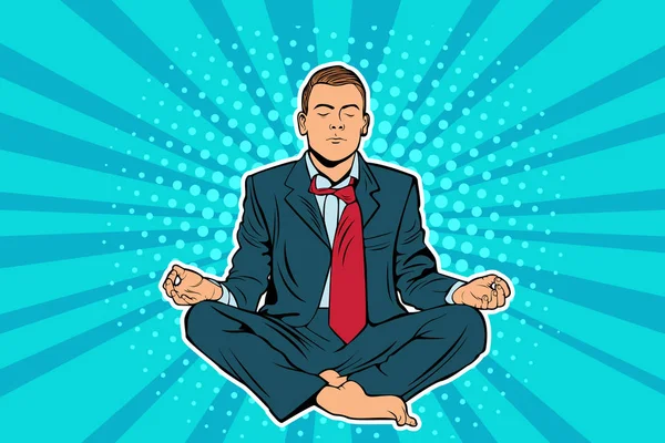 Jovem empresário sentado na posição de lótus pop arte quadrinhos vetor ilustração. Homem calmo em terno de negócios meditando com pernas cruzadas. Conceito de equilíbrio mental e ioga . — Vetor de Stock