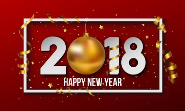 Altın Noel top önemsiz şey ve şeritler öğeleri ile vektör 2018 mutlu yeni yıl arka plan