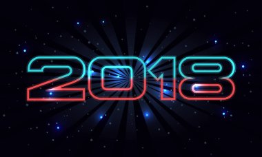 Yıldız ve ışık efektleri ile uzay arka plan üzerinde retro yazı tipi ile vektör 2018 mutlu yeni yıl arka plan
