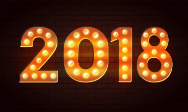Vektör 2018 ampul mutlu yeni yıl arka plan aydınlatma etkisi duvarda. Noel tebrik kartı, poster, afiş, el ilanı illüstrasyon.