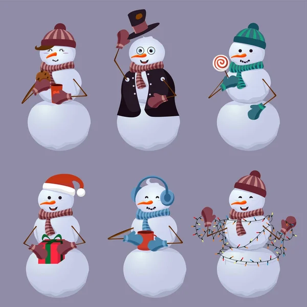 Establecer Muñecos Nieve Alegres Diferentes Trajes Con Dulces Regalos Dibujos — Vector de stock