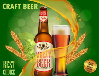 Bira reklam tasarım. Klasik beyaz bira reklam paket Tasarım poster şablonu. Vektör cam şişe ve bardak bira, 3d çizim ile