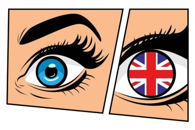 Güzel erkek veya kadın göz komik film şeridi pop sanat retro tarzı büyük Britanya'da bayrağı. Açık ağız seksi sürpriz kadınla. Renkli vektör arka planda pop sanat retro komik tarzı.