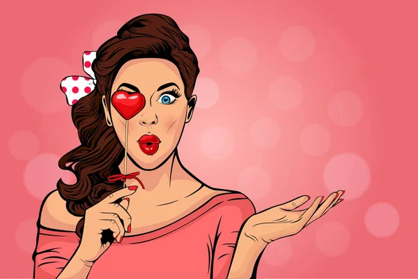 Wow Pop Art Face Surprised Fashion Girl Open Mouth Valentine — Stock Vector