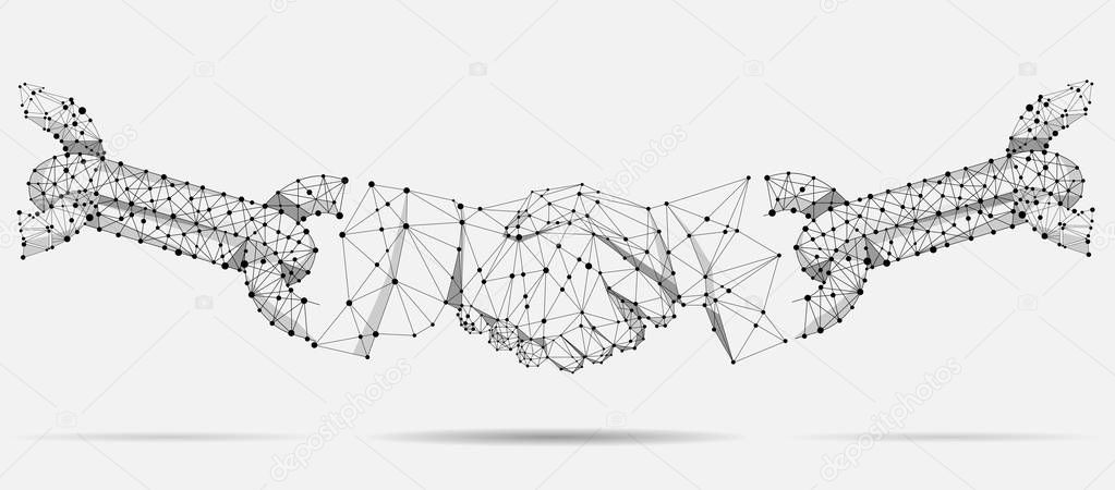 Abstract line and point agreement handshake business concept. Polygonal point line geometric design. Hands chain link internet hyperlink connection vector illustration 