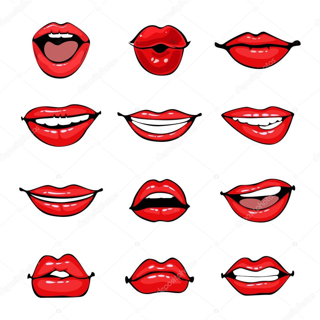 Comic female lips set. Smile, angry, kiss, flirt open and close mouth. Colorful vector illustration in pop art retro comic style. 