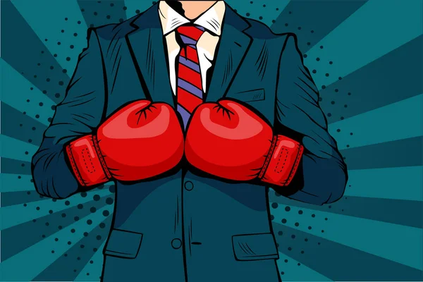 Mannen Boxning Handskar Vektorillustration Komiska Popkonst Stil Affärsman Redo Att — Stock vektor