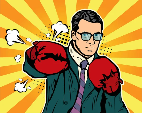 Mannen Boxning Handskar Vektorillustration Komiska Popkonst Stil Affärsman Redo Att — Stock vektor