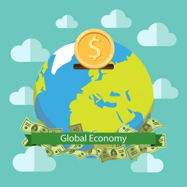 Küresel ekonominin dünya tasarruf illüstrasyon tasarım vektör. Global yatırım. Web afiş, iş sunumu, reklam malzemesi.