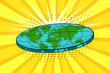 Düz dünya doğa manzara ile. Küre disk şeklinde. Kozmoloji ve pseudoscience, eski bilim ve düz-Dünyalılar, komplo Tema. Vektör parlak arka planda pop sanat retro komik tarzı