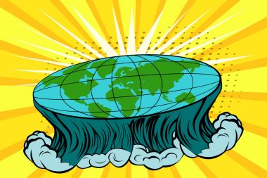 Düz dünya doğa manzara ile. Küre disk şeklinde. Kozmoloji ve pseudoscience, eski bilim ve düz-Dünyalılar, komplo Tema. Vektör parlak arka planda pop sanat retro komik tarzı