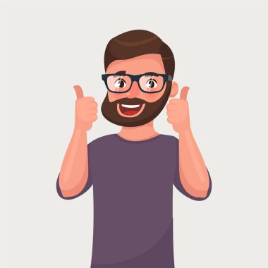 Mutlu adam sakallı bardaklarda jest serin gösterir. Vektör çizim karikatür tarzı