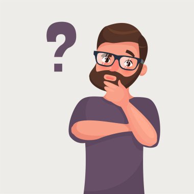Düşünen adam soru işareti ile. Vektör çizim karikatür tarzı