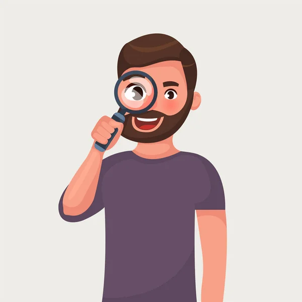 Man Glazen Met Baard Zoek Vergrootglas Zoeken Vectorillustratie Cartoon Stijl — Stockvector