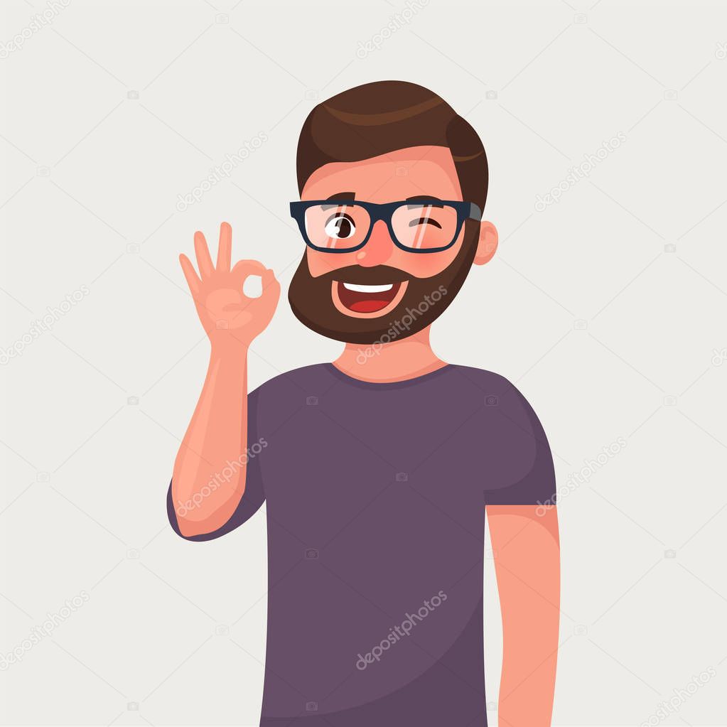 Man is showing a gesture ok. Vector illustration in cartoon style