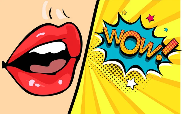 Kadın Ağız Konuşma Balonu Wow Karikatür Komik Vektör Çizim Pop — Stok Vektör