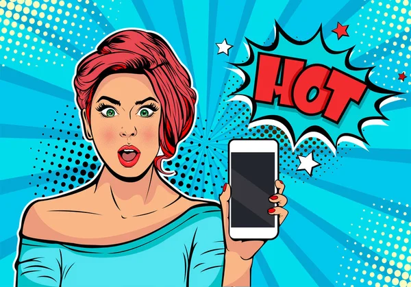Telefon el ve discription sıcak kız. Kadın ile smartphone. Dijital reklam. Bazı haberler veya satış kavram. Vay canına, omg duygu. Karikatür komik vektör çizim pop sanat retro tarzı.