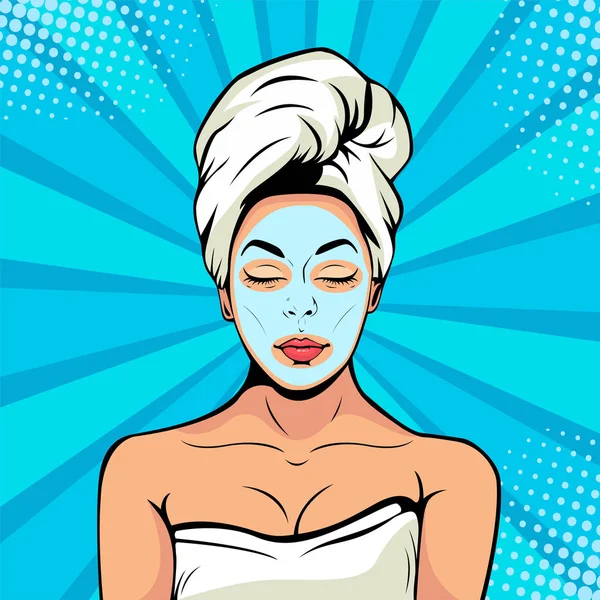 Banyo Havlusu Kozmetik Maskesi Yüzünde Seksi Genç Kadın Renkli Vektör — Stok Vektör