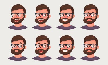 Farklı duygular gösterilen sevimli hipster işadamı. Bir sakallı adam ofis işçi emoji. Vektör çizim karikatür tarzı